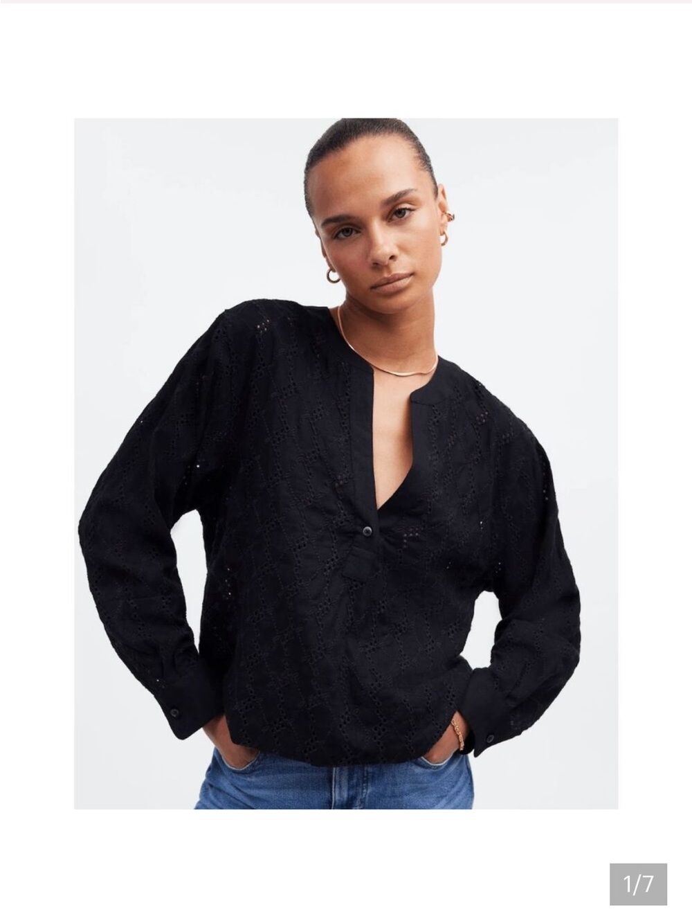 Madewell Black Eyelet Long-Sleeve Blouse Embroidered